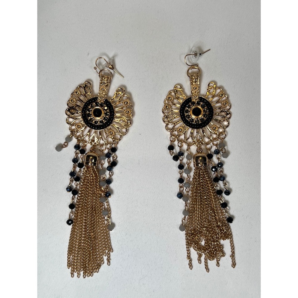 Gold Tone Chandelier Tassel Earrings Black Beaded Statement Boho Sunburst Dangle